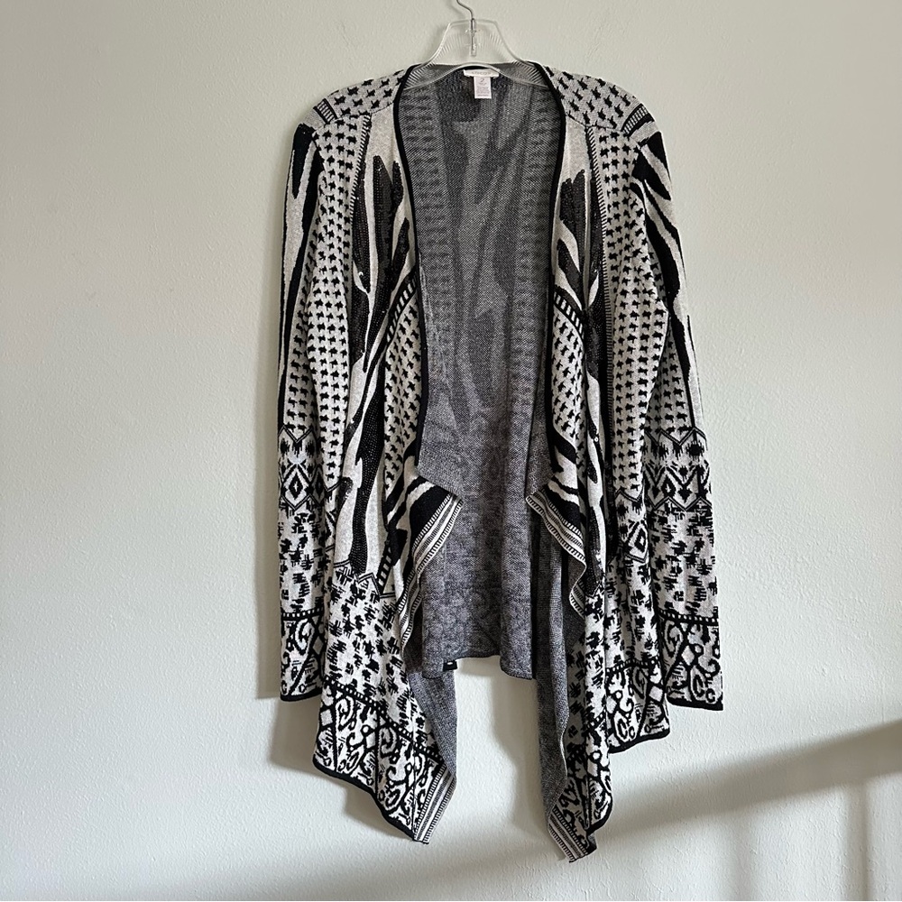 Chico's Waterfall Open Front Cardigan Size 2 Black White Patchwork Print Sequins